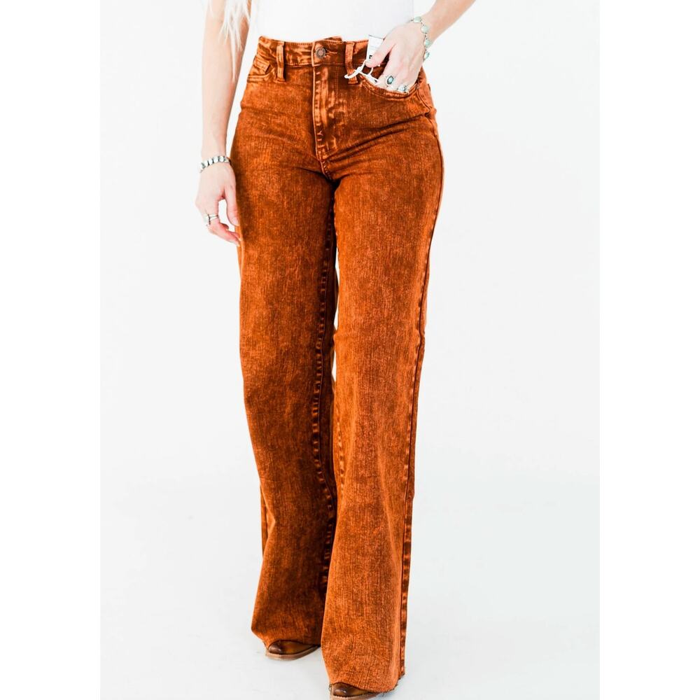 Judy Blue Garment Dyed Wide Leg Jeans 0/24 Rust Brown Denim High Rise‎ Raw Hem